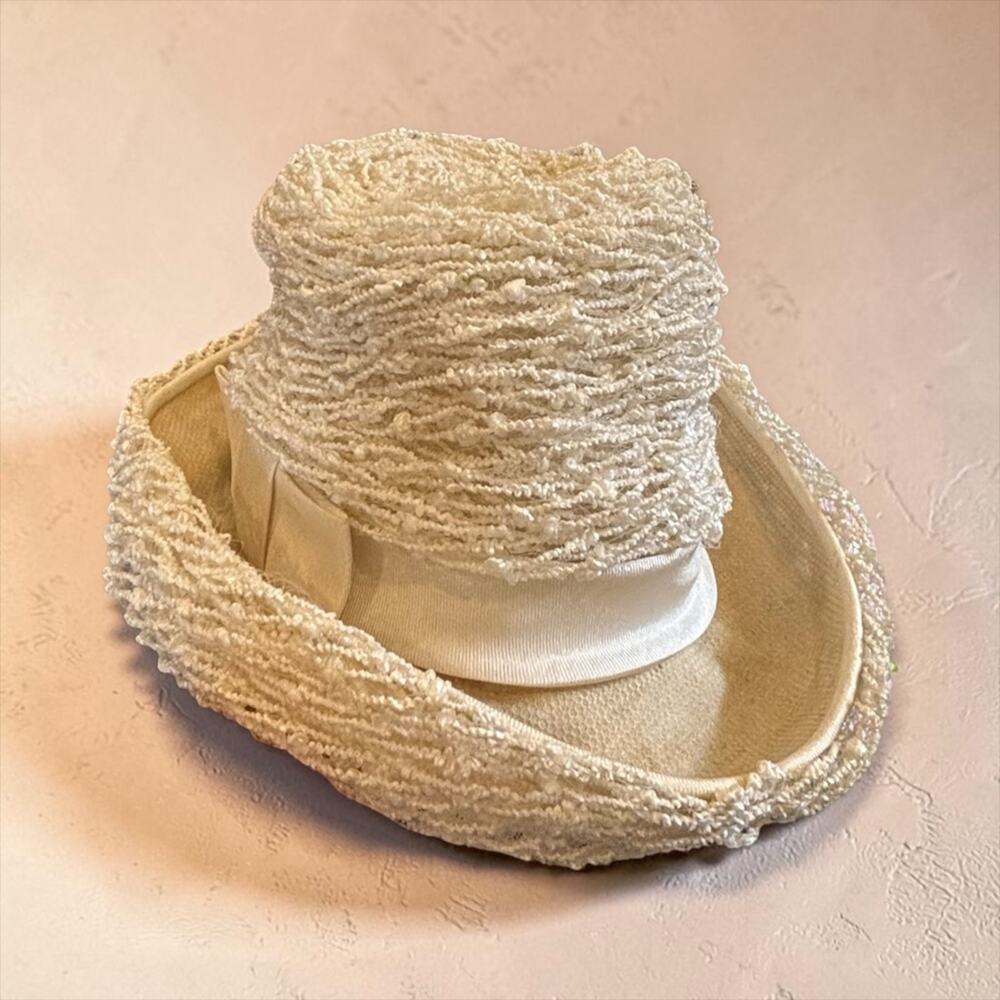 Frank Olive Ivory Textured Wide Brim Hat Avant Garde Couture 22” Vintage